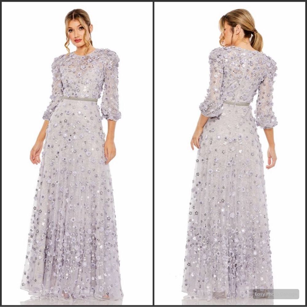 Mac Duggal Purple Floral Applique Puff Sleeve High Neck A-Line Gown Dress